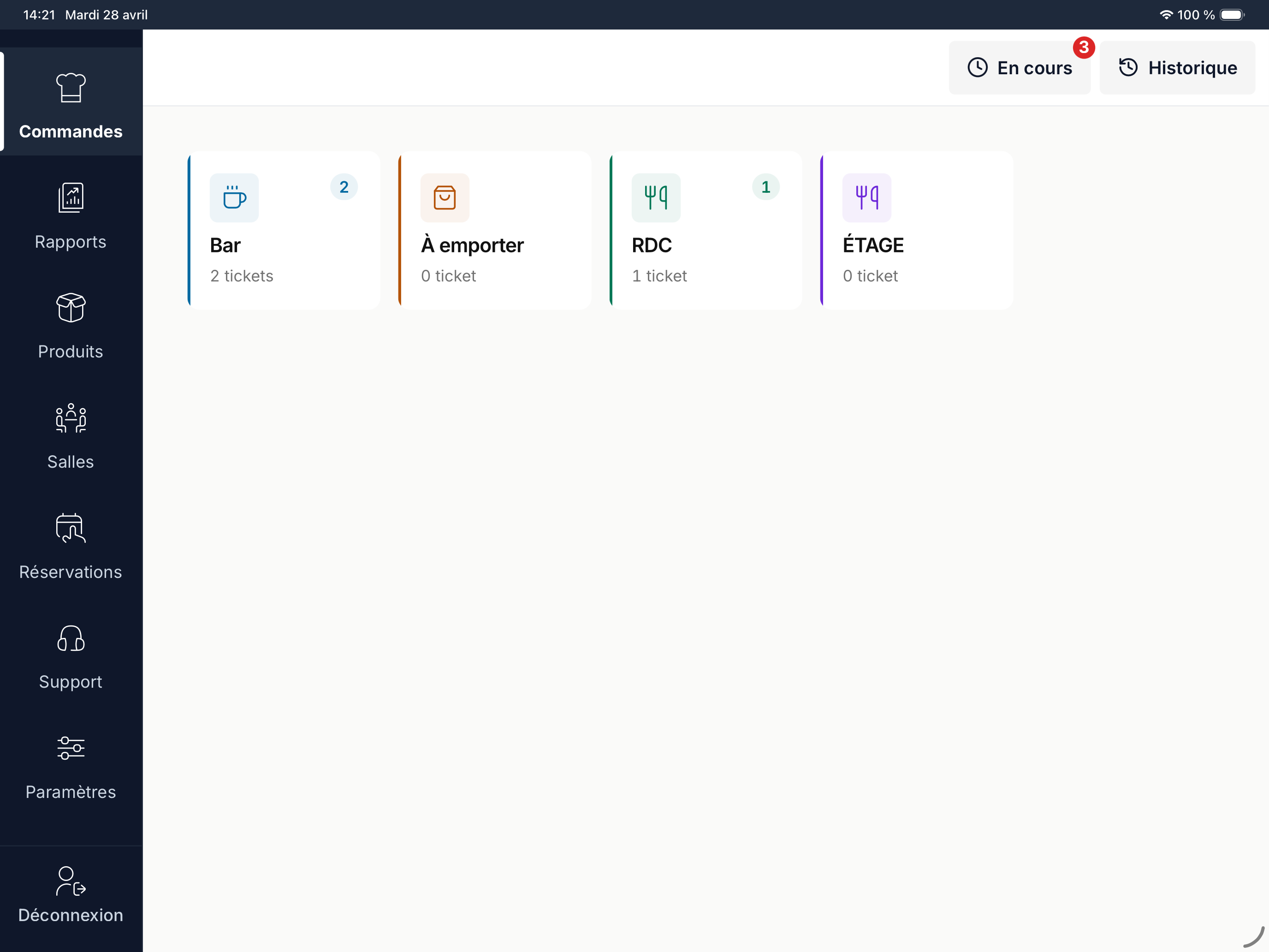 Vue commandes en cours dans la caisse Le Ticket — Bar, À emporter, RDC, Étage