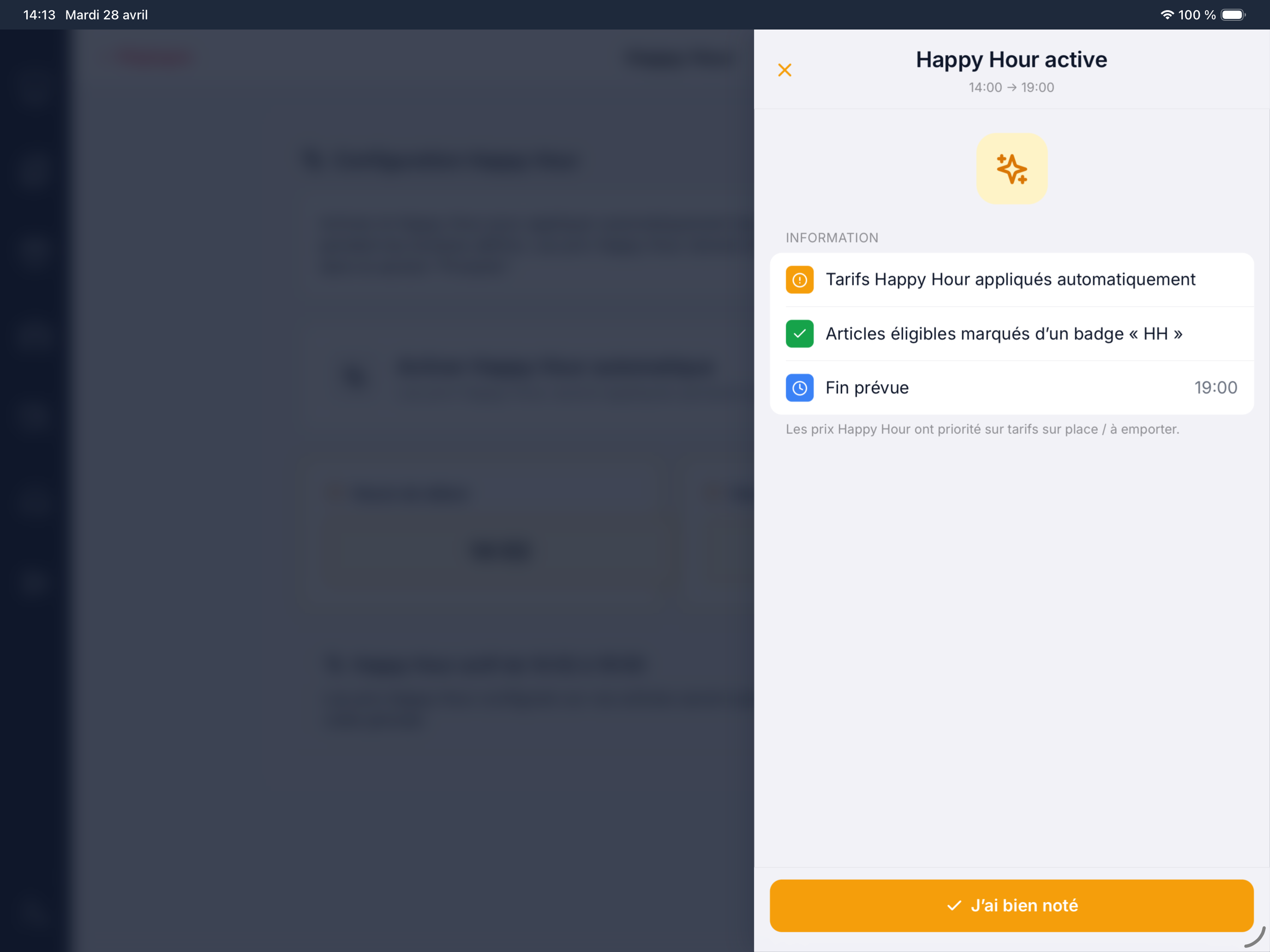 Modal Happy Hour active dans Le Ticket — tarifs Happy Hour appliqués automatiquement, articles éligibles, fin prévue