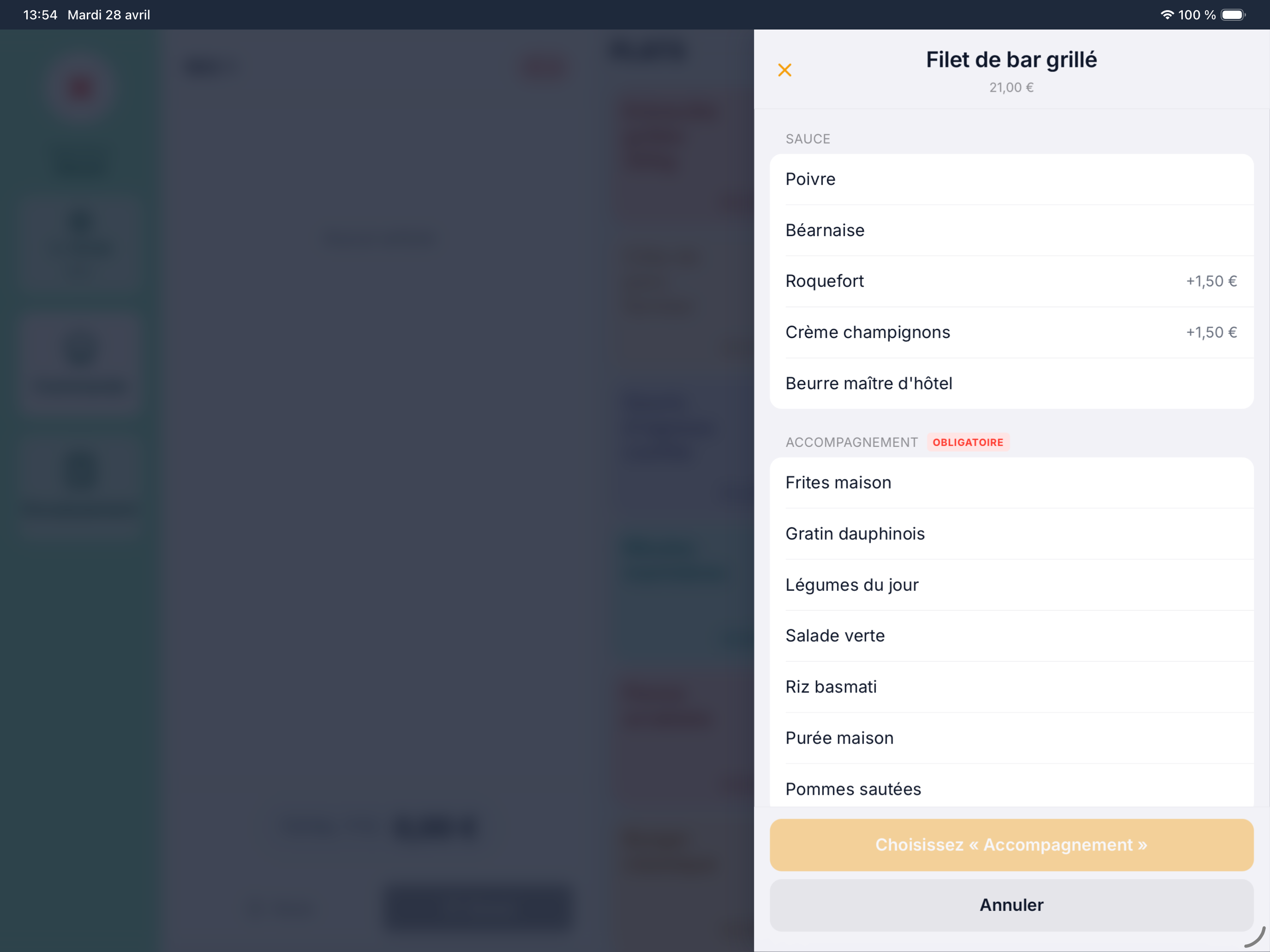Choix des sauces et accompagnements depuis la caisse Le Ticket sur iPad